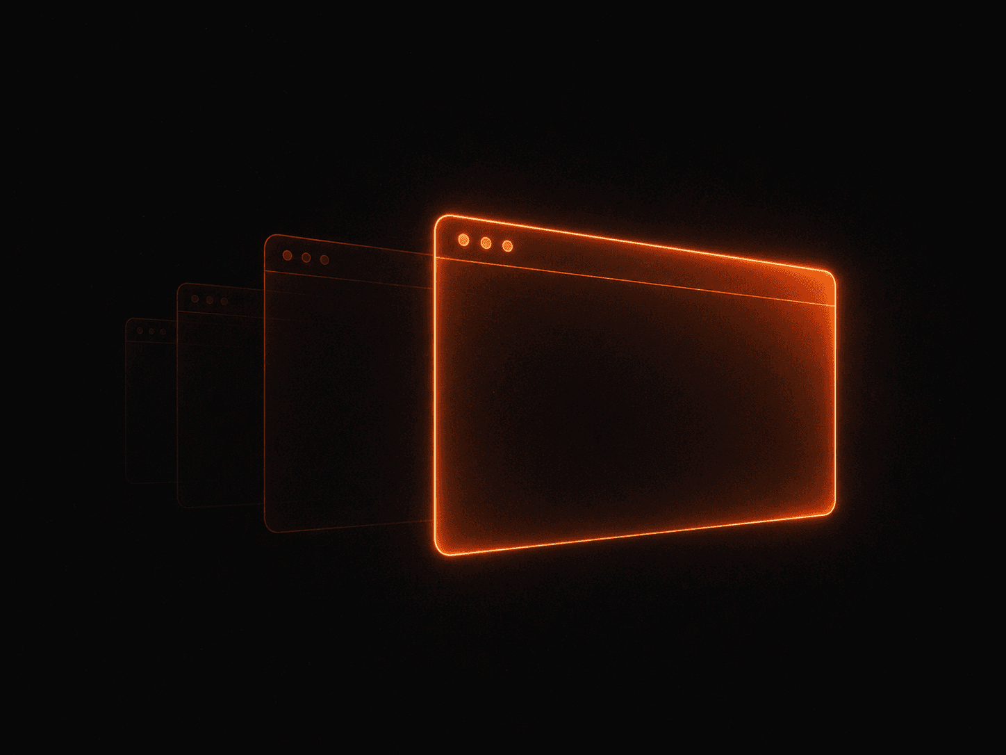 A finished, glowing website window in front of three faint unbuilt drafts